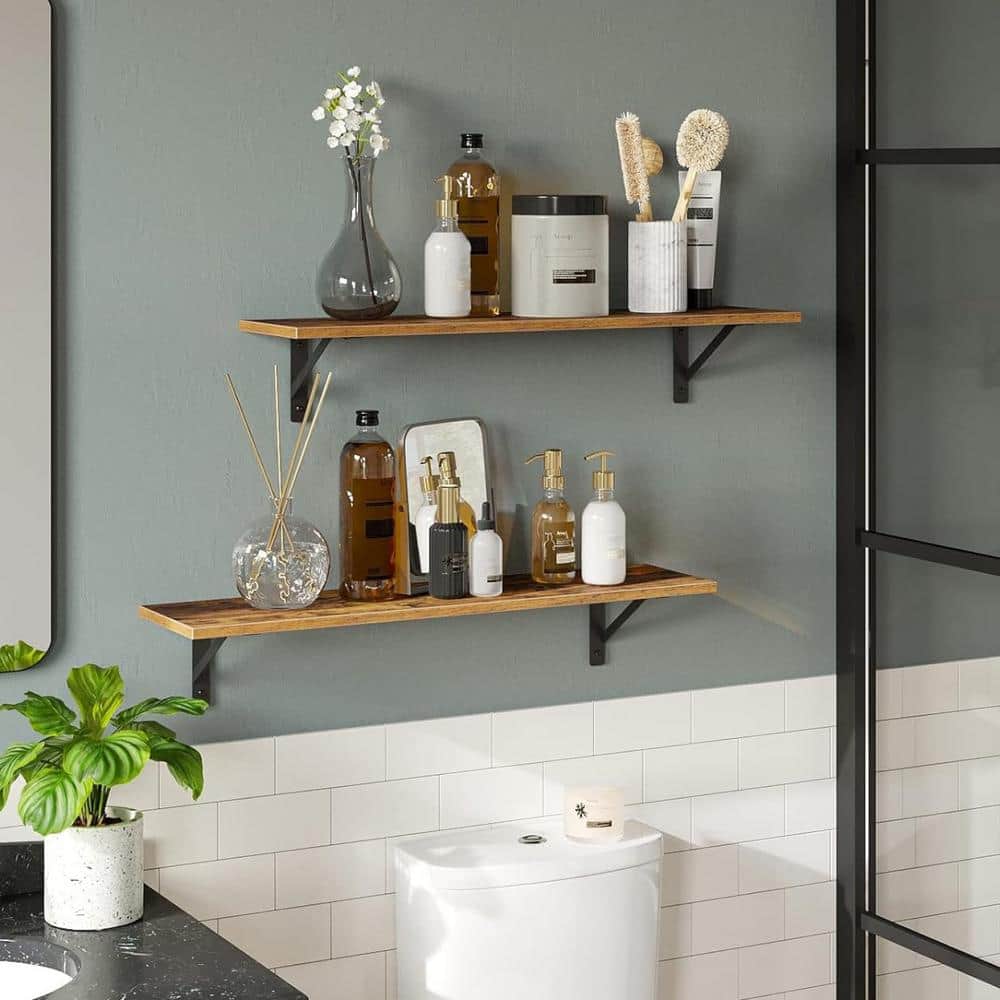 Rustic Brown Wood Floating Wall Shelves with Metal Brackets, 31.5 Inch