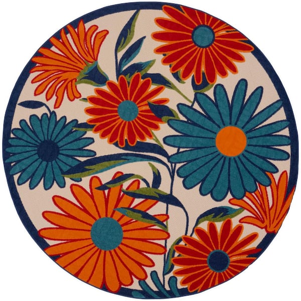 Nourison Aloha Multicolor 10 ft. x 10 ft. Botanical Contemporary Round Indoor/Outdoor Area Rug