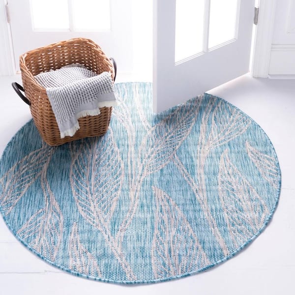 Outdoor Leaf Aqua Blue 4 ft. Round Area Rug