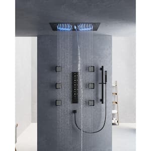 Thermostatic 31-Spray 28 x 16 in. Rectangle LED Mood Lighting Bluetooth Music Shower System with Valve in Matte Black