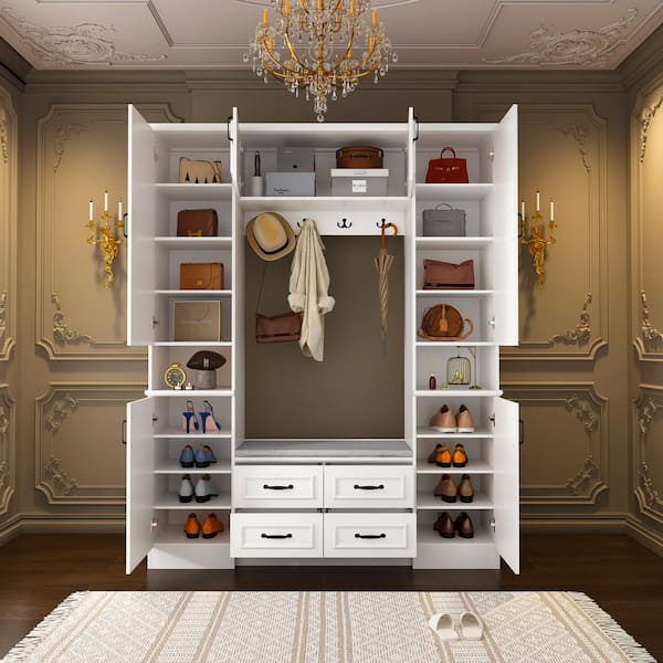 63 in. W White Wood 3-in-1 Hall Tree Shoe Storage Bench with Metal Double Hooks, Bag Storage Adjustable Shelves, Drawers
