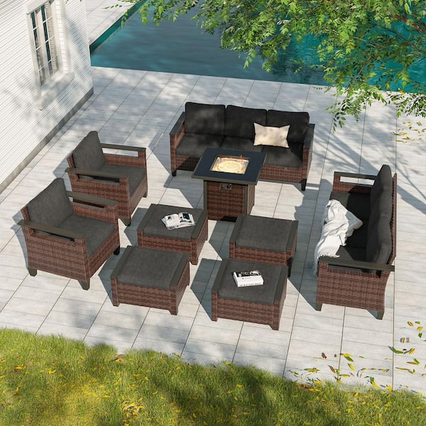 JOYESERY 9-Piece Patio Conversation with Square Fire Table Set Wide Armrests High Back Sofa Chair Brown Wicker Black Cushion