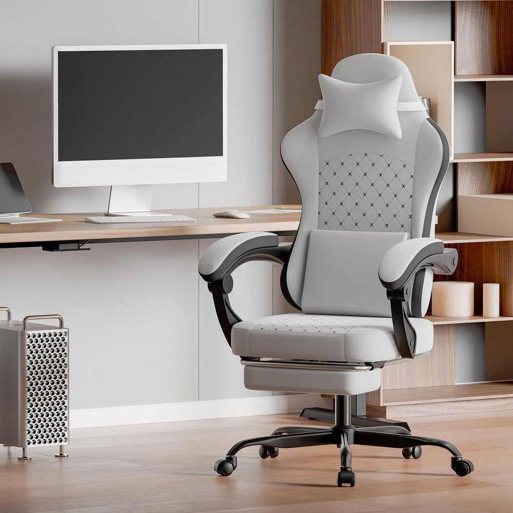 Faux Leather High Back Office Chair Ergonomic Gaming Chair in Gray White with Lumbar Support, Headrest