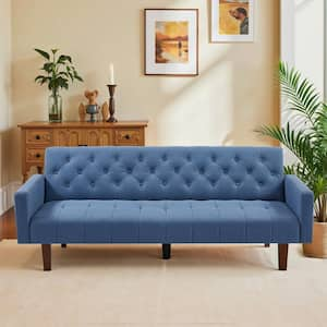 74.41 in. Blue Linen Twin Size Futon Sofa Bed Convertible Loveseat Couch with Adjustable Backrest