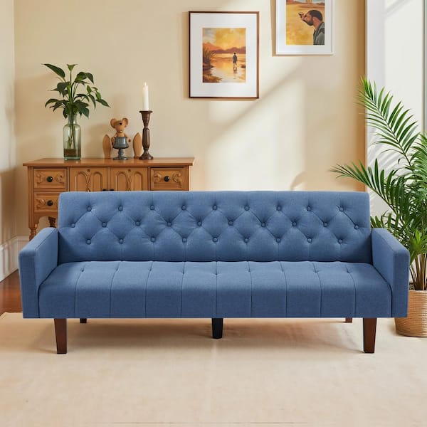 WONDER COMFORT 74.41 in. Blue Linen Twin Size Futon Sofa Bed Convertible Loveseat Couch with Adjustable Backrest