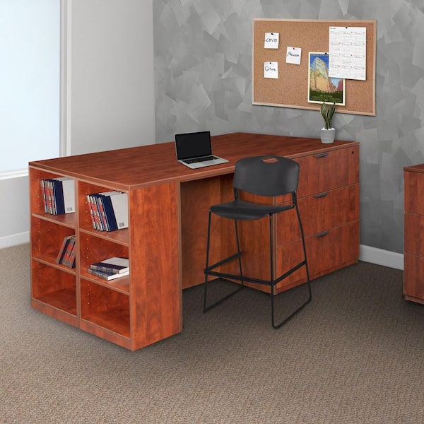 Legacy 85 in. Cherry Stand Up Desk / 3 Lateral File Quad with Bookcase End