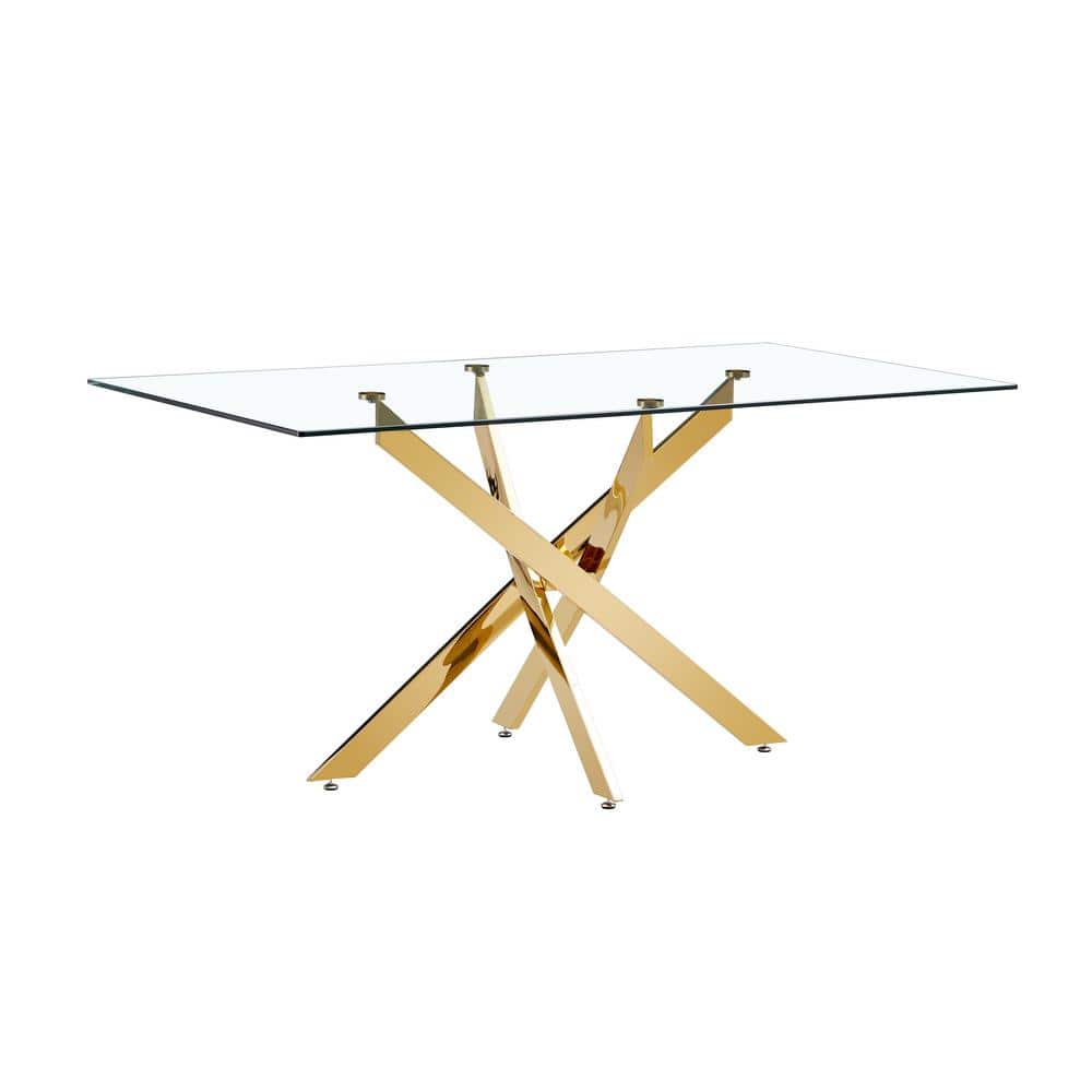 63 in. Gold Tempered Glass Top Metal Cross Legs Dining Table Kitchen Table 