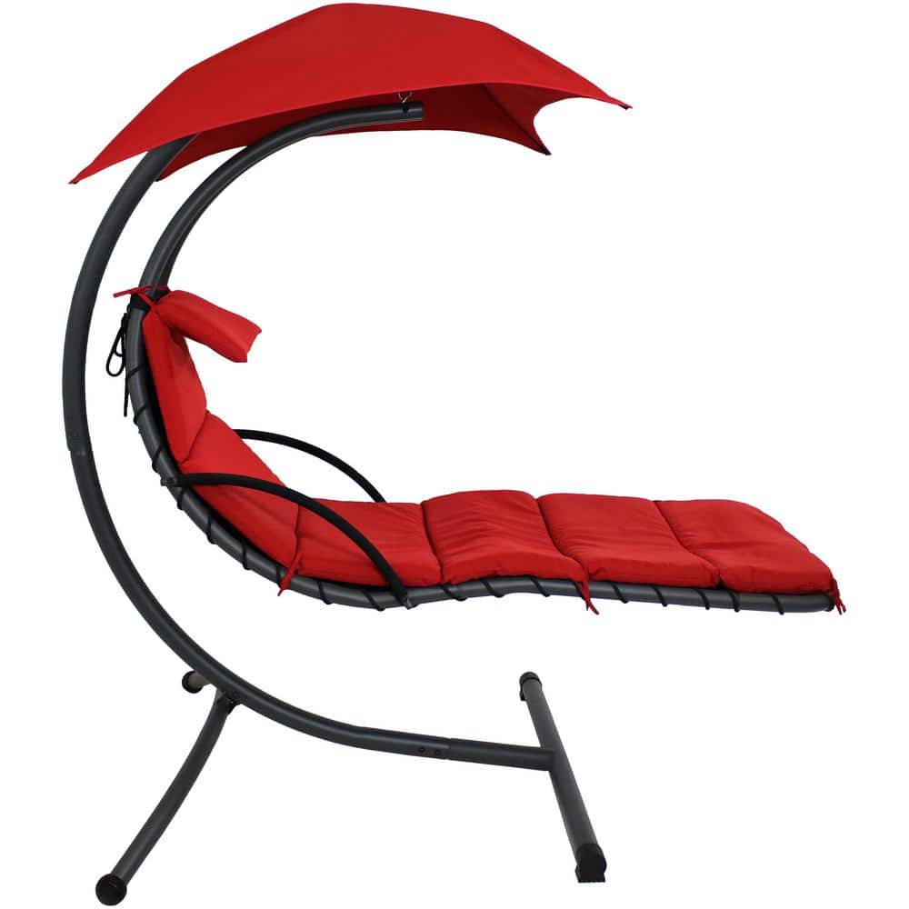 Red Steel Outdoor Hanging Chaise Lounge Chair with Canopy and Cushions