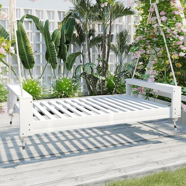 2-Person Acacia Wood Porch Swing Bed Frame with Hemp Ropes for Garden, Backyard, White