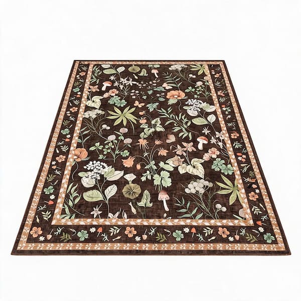 Brown 8 ft. X 10 ft. Modern Floral Washable Low Pile Non-Slip Indoor Carpet for Living Room Bedroom Dining Room Area Rug