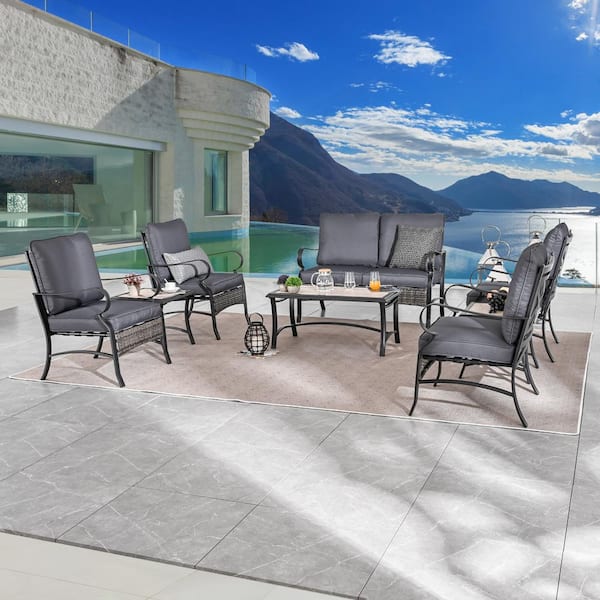 Patio Festival 8-Piece Metal Patio Conversation Set with Gray Cushions