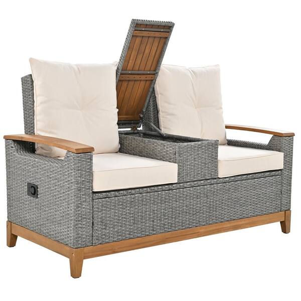Siavonce Wooden Outdoor Adjustable Loveseat with Beige Cushions