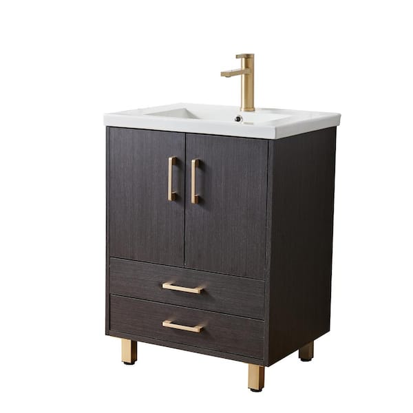 24 in. W x 18 in. D x 32 in . H Contemporary Black straight grain ebony bathroom vanity with white ceramic sink Top .