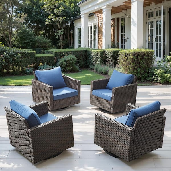 Brown Wicker Outdoor Rocking Chairs, Patio Swivel Gliders with Navy Blue Cushions for Porch or Balcony (4-Pack)