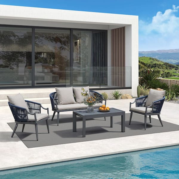 4-Piece Aluminum All-Weather Wicker Patio Conversation Set with Thick Sofa Cushions, Grey