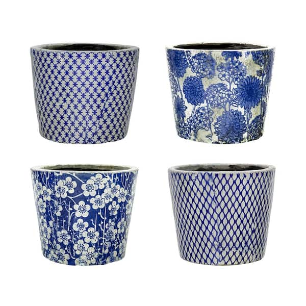 Set of 4 Distressed Blue White Terracotta Planters, 7.5 in. Round Ceramic Pots for Garden