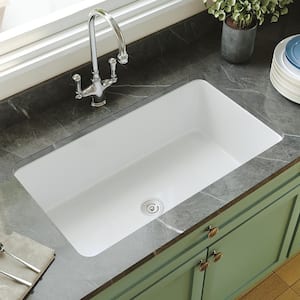 Glen White Rectangular Fireclay 32 in. Single Bowl Undermount/Drop-In Kitchen Sink with Basket Strainer and Sink Grid