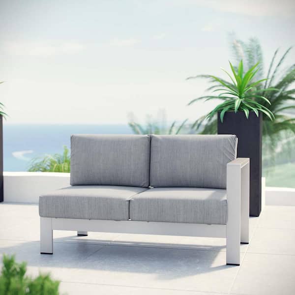 MODWAY Shore Aluminum Right Arm Outdoor Sectional Chair Loveseat in Silver with Gray Cushions