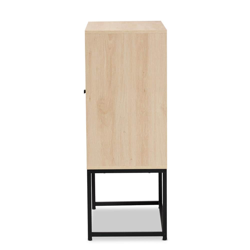 Ardon Bohemian Light Brown Wood and Black Metal Storage Cabinet with Rattan