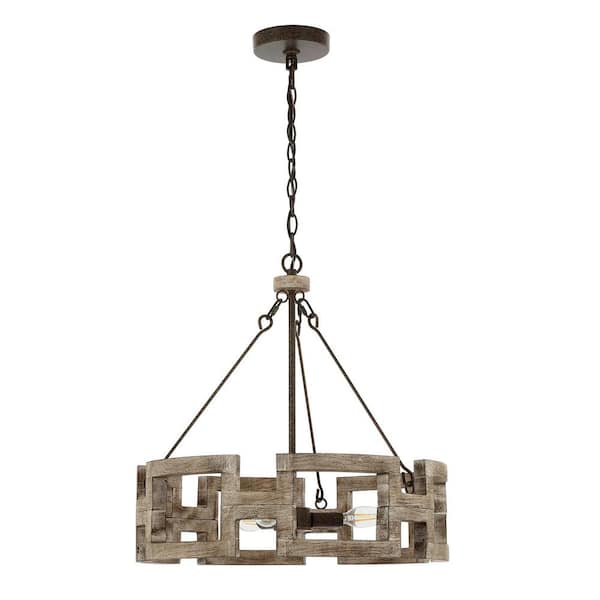 WINGBO 40-Watt 3-Light Black Cage Pendant Light with Antique Wood Color Shade, No Bulbs Included