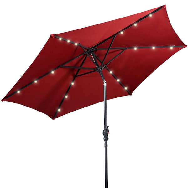 Costway 9 ft. LED Steel Market Tilt Patio Solar Umbrella with Crank Outdoor in Burgundy