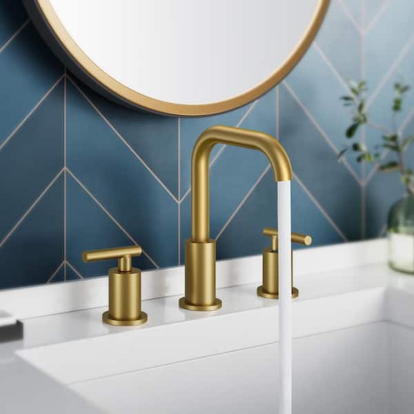 8 in. Widespread 2-Handle Bathroom Faucet 3-Hole Bathroom Sink Faucet with Metal Drain and Supply Hose in Black Gold