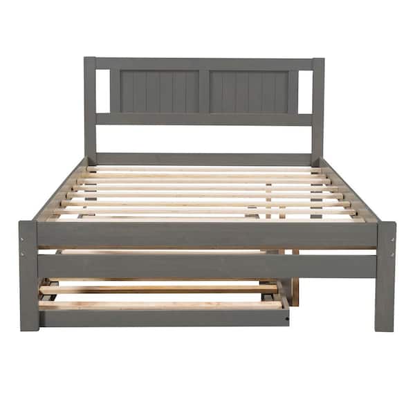 ANBAZAR Gray Full Size Platform Bed with Extendable Twin Size Trundle Wood Kids Platform Bed Frame with Adjustable Trundle Bed