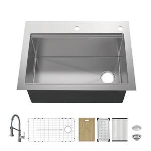 AIO Tight Radius Drop-In/Undermount 18G Stainless Steel 33 in. Single Bowl Workstation Kitchen Sink, Spring Neck Faucet