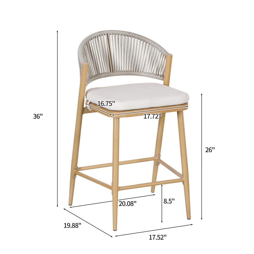 Maple Finish Aluminum and Rattan Outdoor Counter Stools with Cushions, Set of 2
