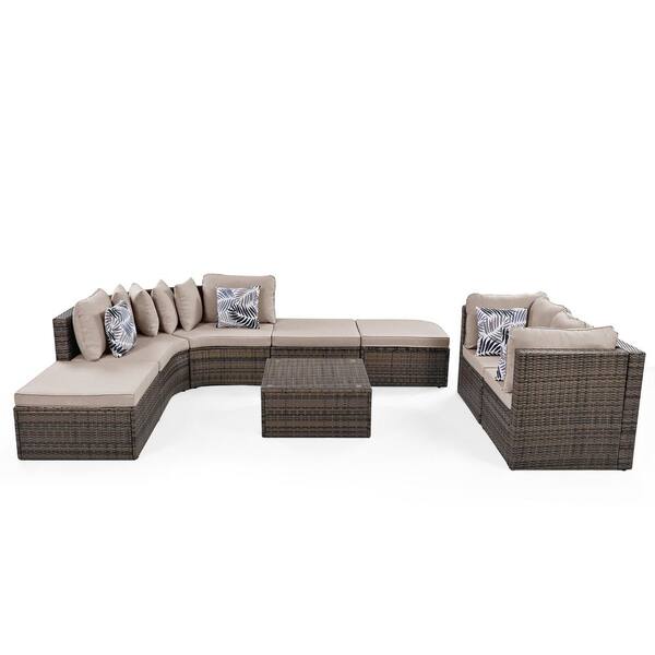 Boosicavelly 8-Piece Outdoor Brown Wicker Patio Conversation Set with Beige Cushions and Colorful Pillows