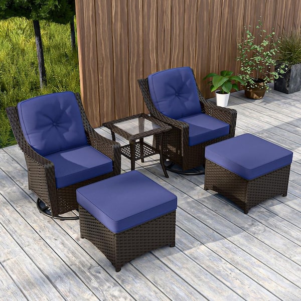 EAGLE PEAK Brown Rattan Wicker 5-Piece Outdoor Patio Conversation Set with Swivel Rocking Chairs, Table, and Blue Cushions