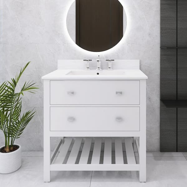 Unbranded 30 in. W x 19 in. D x 34 in. H Single Sink Freestanding Bath Vanity in White with White Engineered Stone Top