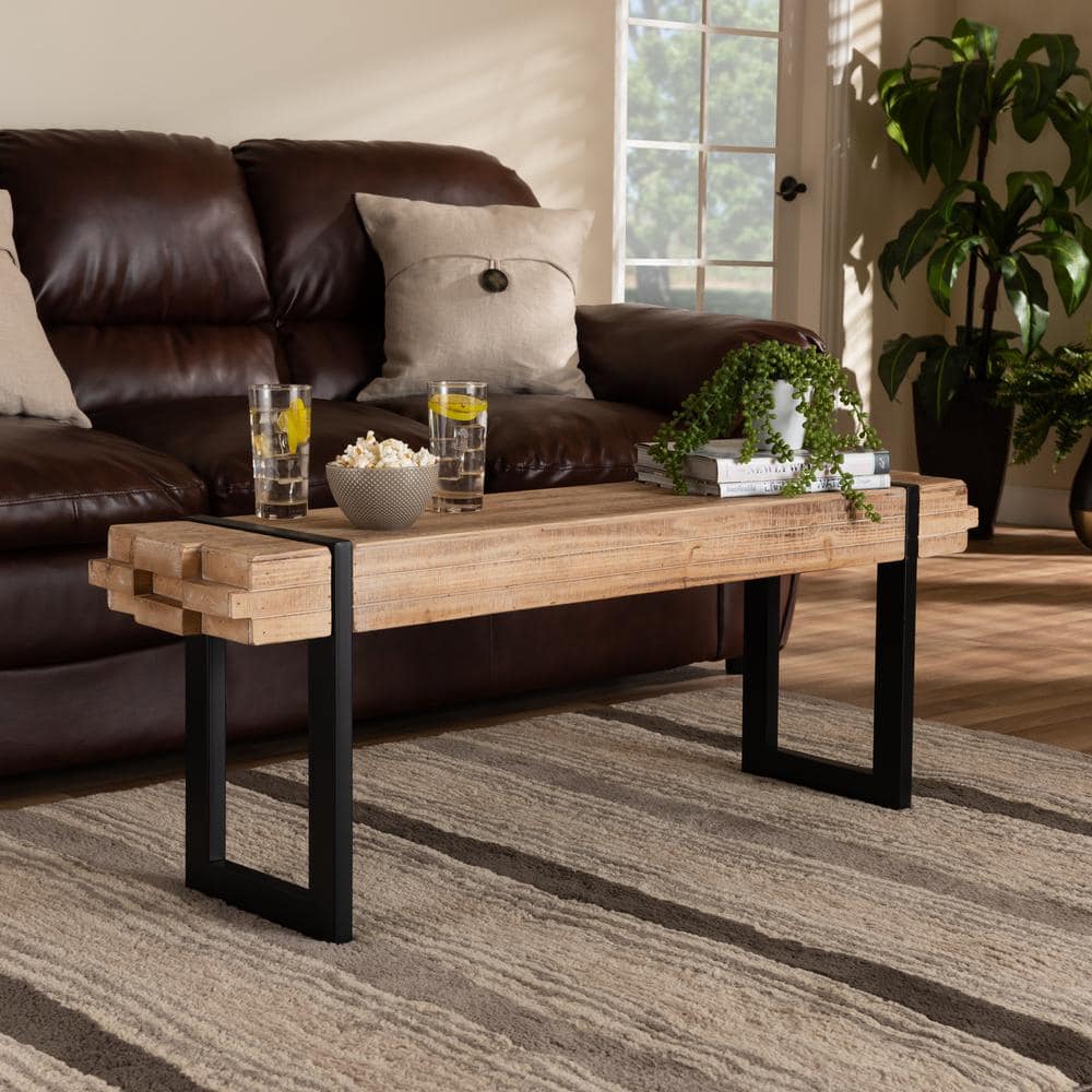 Henson Natural Brown Wood and Black Metal Bench