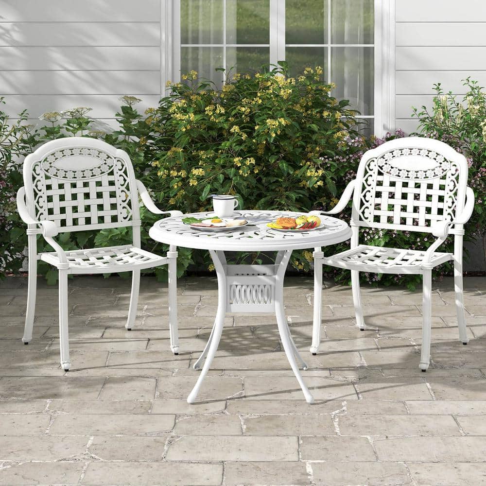 Cast Aluminum Outdoor Dining Chair in White with Armrests, Set of 2