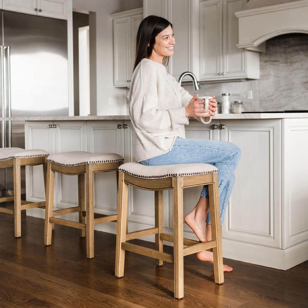 Natural Wood Backless Saddle Counter Stools, Set of 3