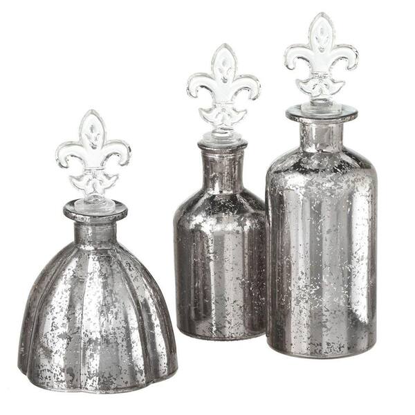 Filament Design Sundry 4 in. Silver Glass Fleur De Lis Bottles (Set of 3)-DISCONTINUED
