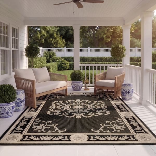 Courtyard Black/Sand 8 ft. x 11 ft. Floral Indoor/Outdoor Patio Area Rug