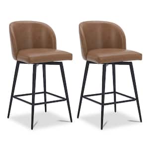 Cynthia 27 in. Saddle Brown High Back Metal Swivel Counter Stool with Faux Leather Seat (Set of 2)