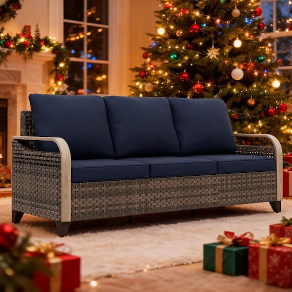 3 Seat Wicker Outdoor Patio Sofa Couch with Blue Cushions