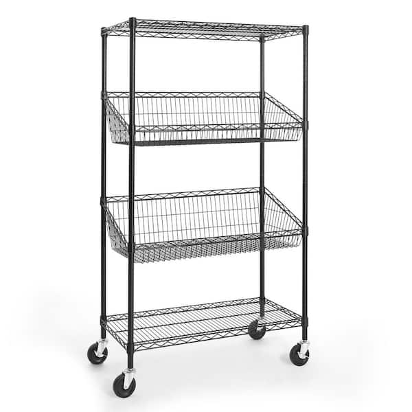 Steel Wire 4-Shelf Adjustable Storage Shelving Unit in Black w/2-Trapezoid Baskets (36 in. W x 60 in. H x 18 in. D)