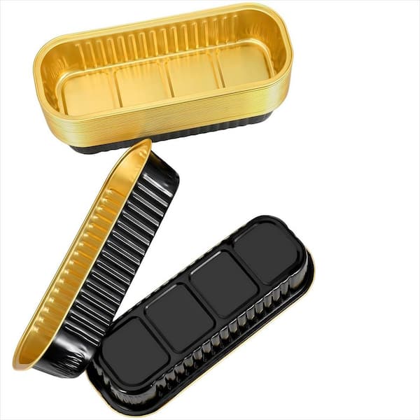 6.8 oz. Mini Loaf Pans with Lids and Spoons, Rectangular Aluminum Foil Baking Pans, Black and Gold (100-Pack)