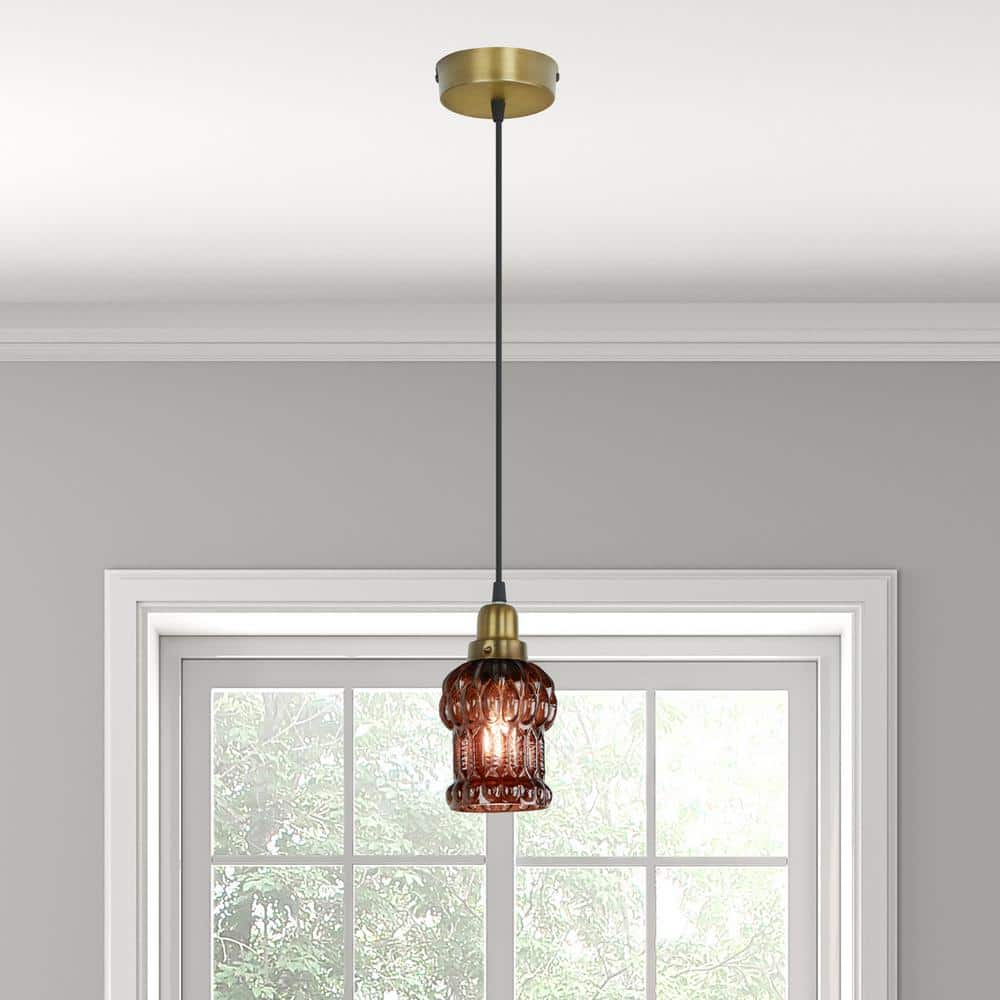 Brown Textured Glass and Gold Metal Pendant Light