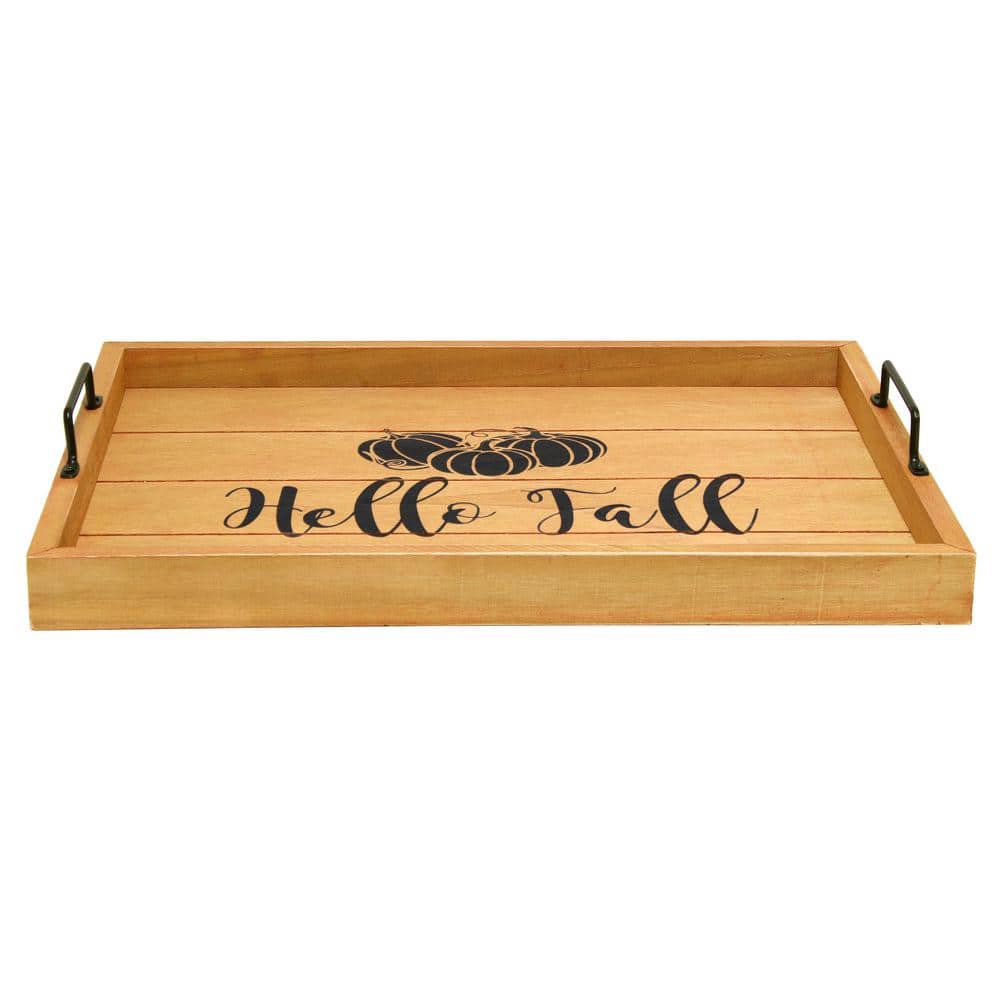 Natural Wood Fall Serving Tray with Black Metal Handles