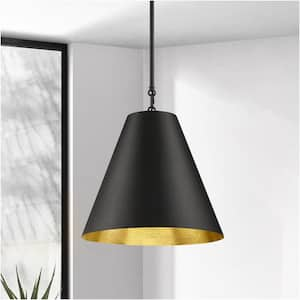 1-Light Matte Black Modern Metal Pendant Light with Gold Interior