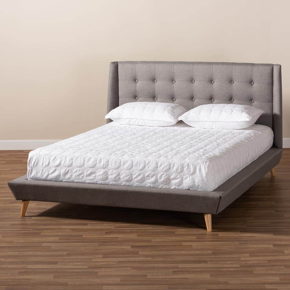 Naya King-Size Grey Tufted Wingback Upholstered Bed with Oak Legs