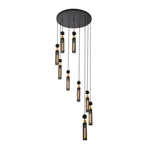 9-Light Black Gold Industrial Adjustable Multi-Light Pendant Chandelier with Mesh Cylinder Shades (Bulb Not Included)