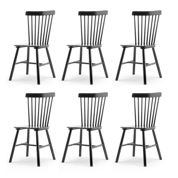 18 in. Black Classic Windsor Dining Chair, Solid Wood High Spindle Back Kitchen Chair Set of 6