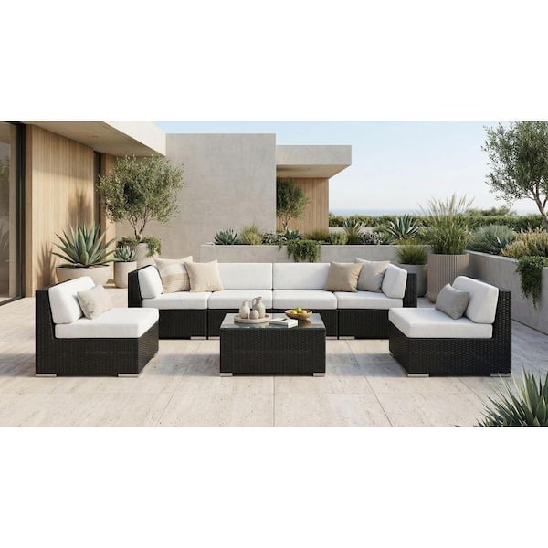 Ohana Depot Black 7-Piece Wicker Patio Seating Set with Sunbrella