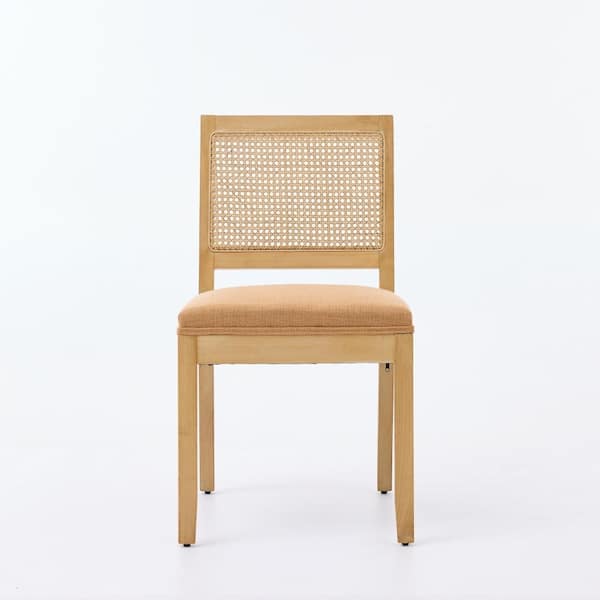 Tan Linen Seat with S-Spring Cushion Farmhouse Mid-Century Modern Rattan Cane Back Dining Chairs Set of 2