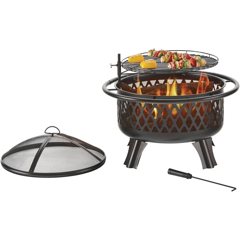 Black Steel Round Wood Burning Fire Pit with Mesh Screen